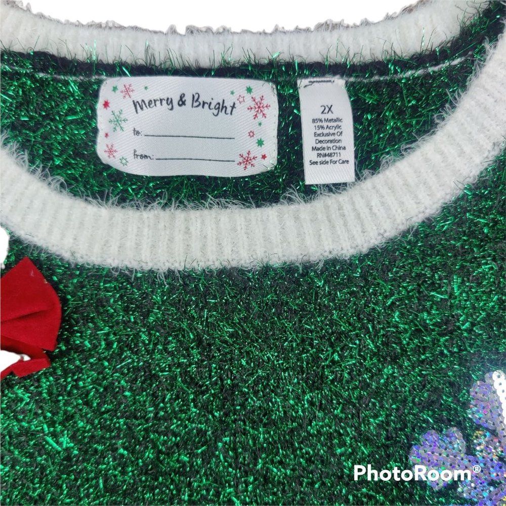 Merry & Bright Christmas tree ugly holiday dress/tunic sweater short sleeve NWT - Picture 3 of 4